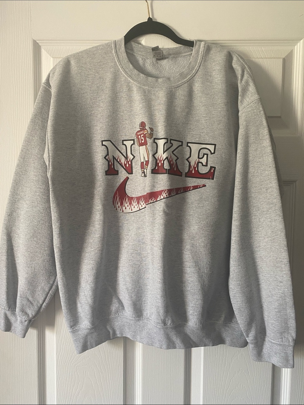 Gildan Light Gray Crewneck Sweatshirt with Red Nike Flame Graphic